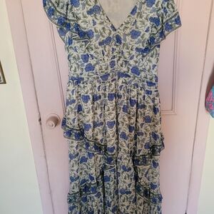 Blue Floral V-Neck Ruffle Midi Dress